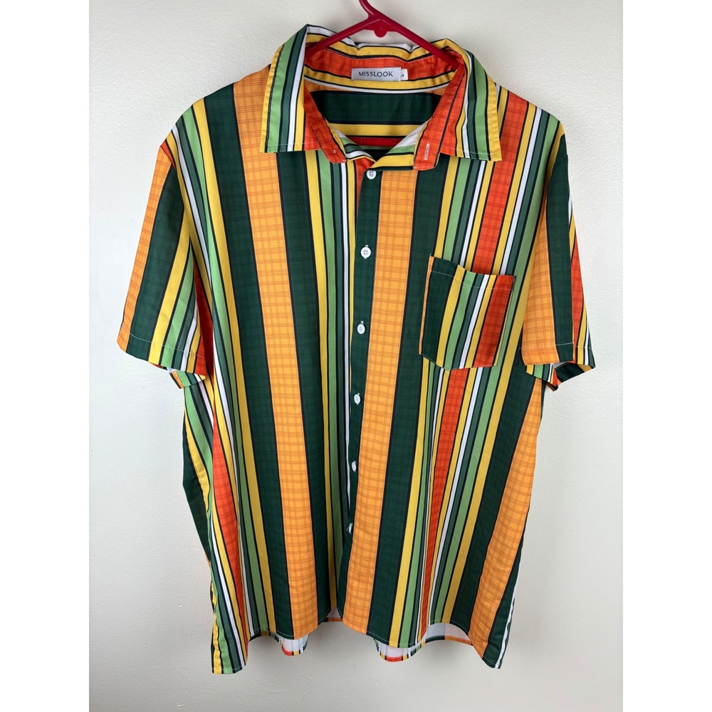 Misslook Mens Large‎ Short Sleeve Button Down Shirt Multi Color Vertical Stripes